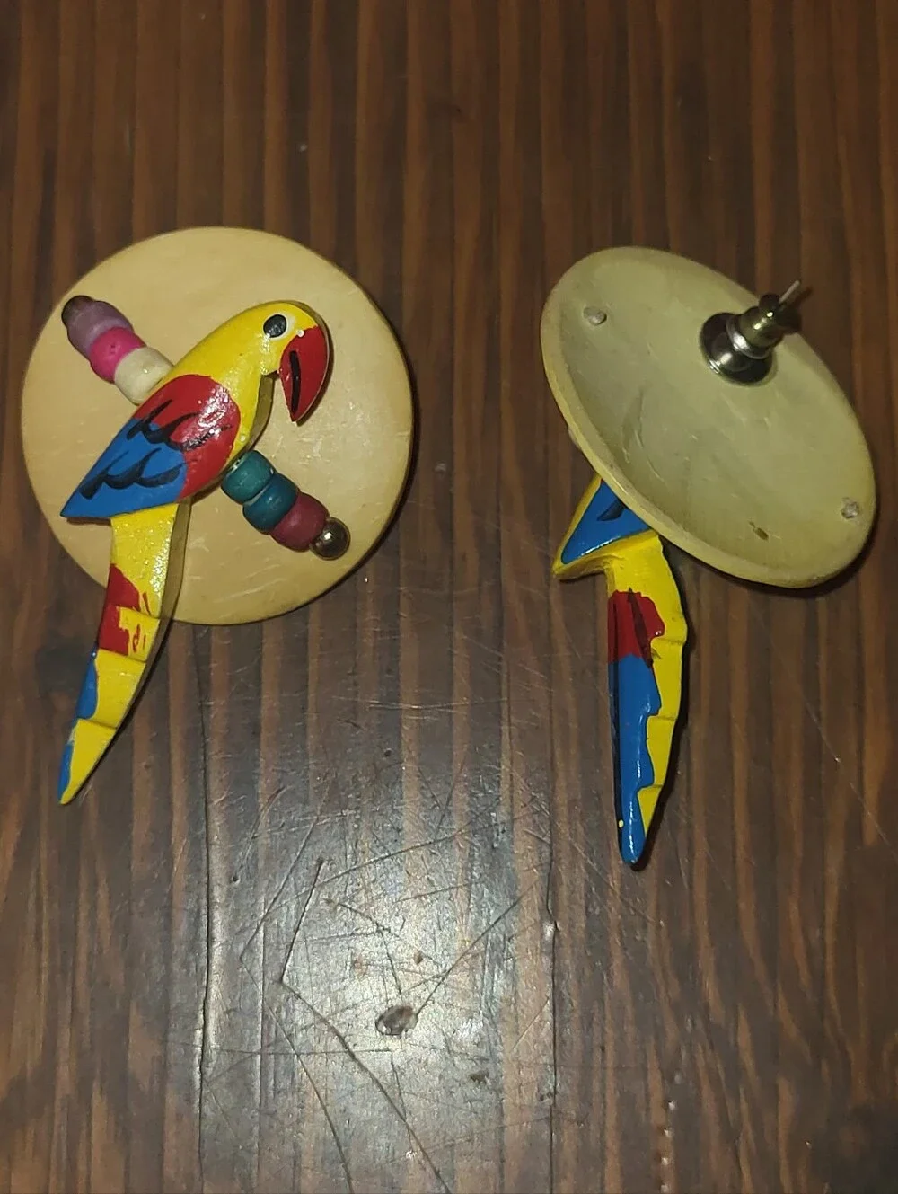 Vintage 1980s Hand Painted Wooden Parrot Post Earrings Tropical Retro 80s Macaw